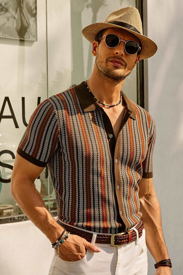 Heren Polo Shirt – Slim Fit – Retro Streep – Katoenmix – Korte Mouw – Knopenrij