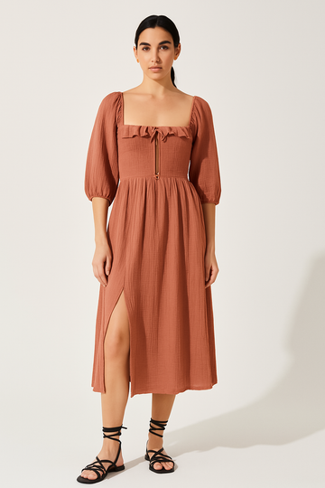 Dames A-lijn Jurk – Katoenmix – V-hals met Roes – Smock Taille – Lange Mouwen
