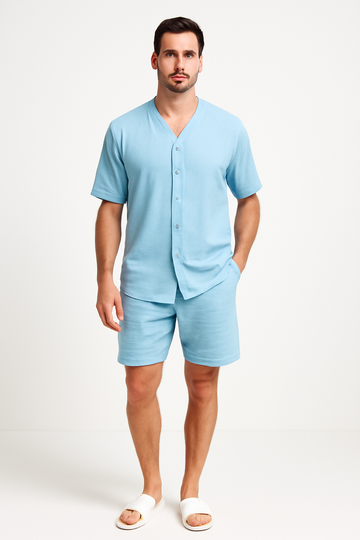 Heren Tweedelige Set – V-hals Overhemd Knoopsluiting – Relaxed Fit Shorts Katoen