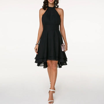Dames Cocktailjurk - Halternek - Mouwloos - Gelaagde High-Low Zoom - Elegante Pasvorm