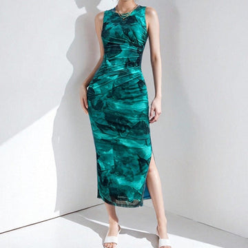 Dames Jurk Zonder Mouwen – Slim Fit – Midi Lengte – Print – Split – Elegant Model