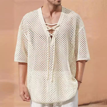 Heren T-shirt Mesh – Relaxed Fit – Ademend Sheer Effect – Vetersluiting Borst – Mid Sleeve