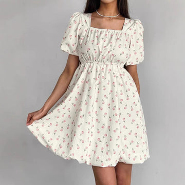 Dames A-lijn Jurk – Lichtgewicht Katoenmix – Pofmouwen – Bloemenprint – Mini Lengte
