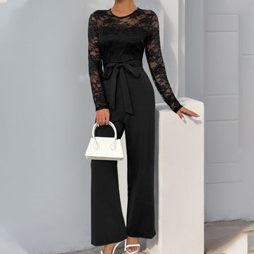 Dames Jumpsuit – Kant Bovenstuk – Lange Mouwen – Wijde Pijpen – Elegante Pasvorm