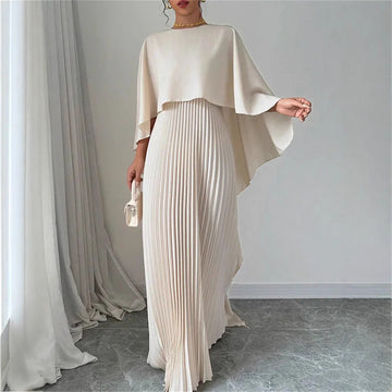 Dames Maxi Jurk – Chiffon Look – Batwing Mouwen – Hoge Hals – Plissé – Losse Pasvorm
