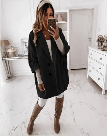 Dames Oversized Jas - Wolblend - Dubbele Rij Knopen - Met Revers - Casual Fit