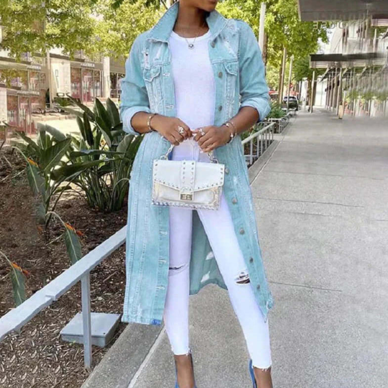 Dames trenchcoat – Denim – Relaxed fit – Distressed details – Volledige lengte