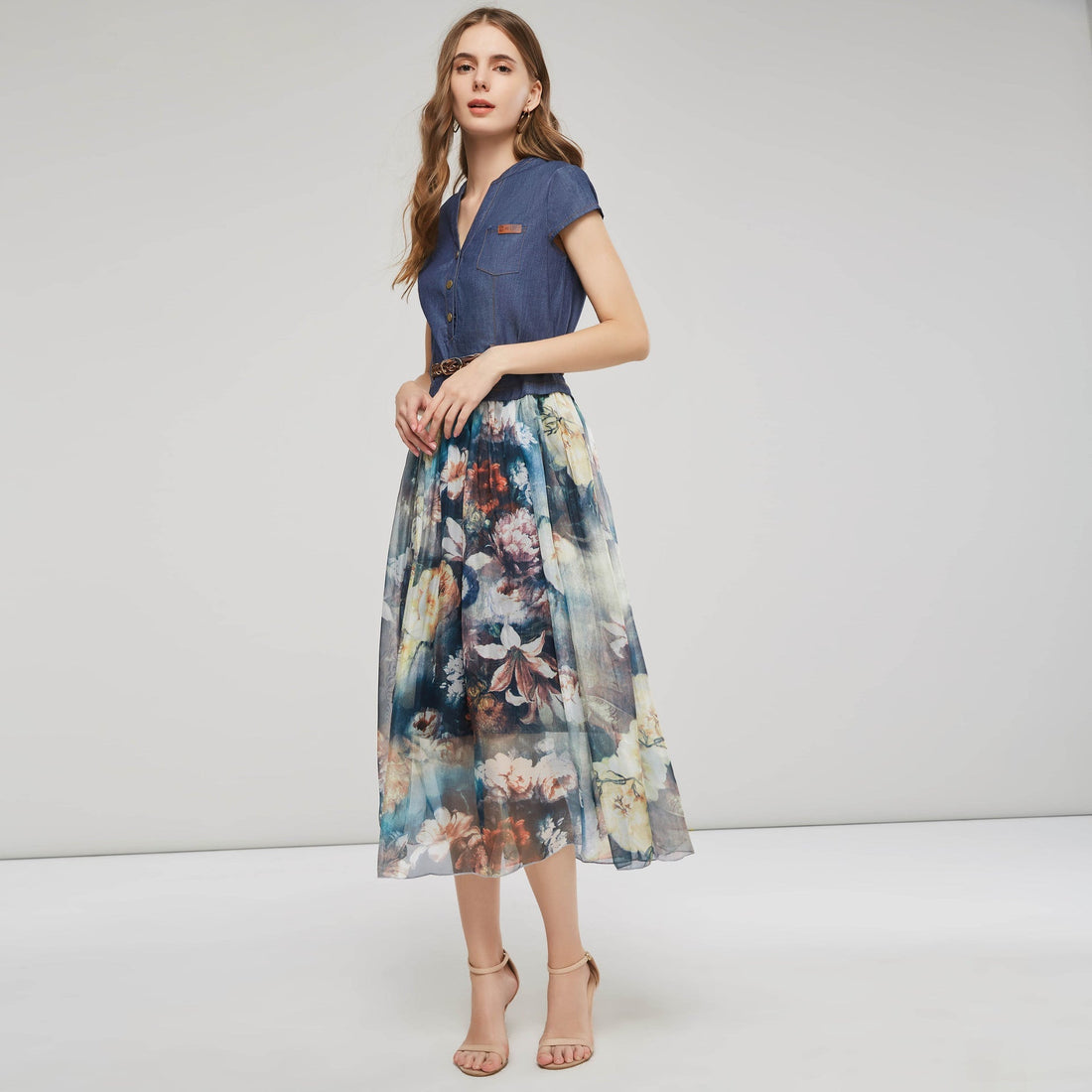 Dames Maxi Jurk – V-Hals – Knoopsluiting – Gevlochten Tailleband – Luchtige Pasvorm