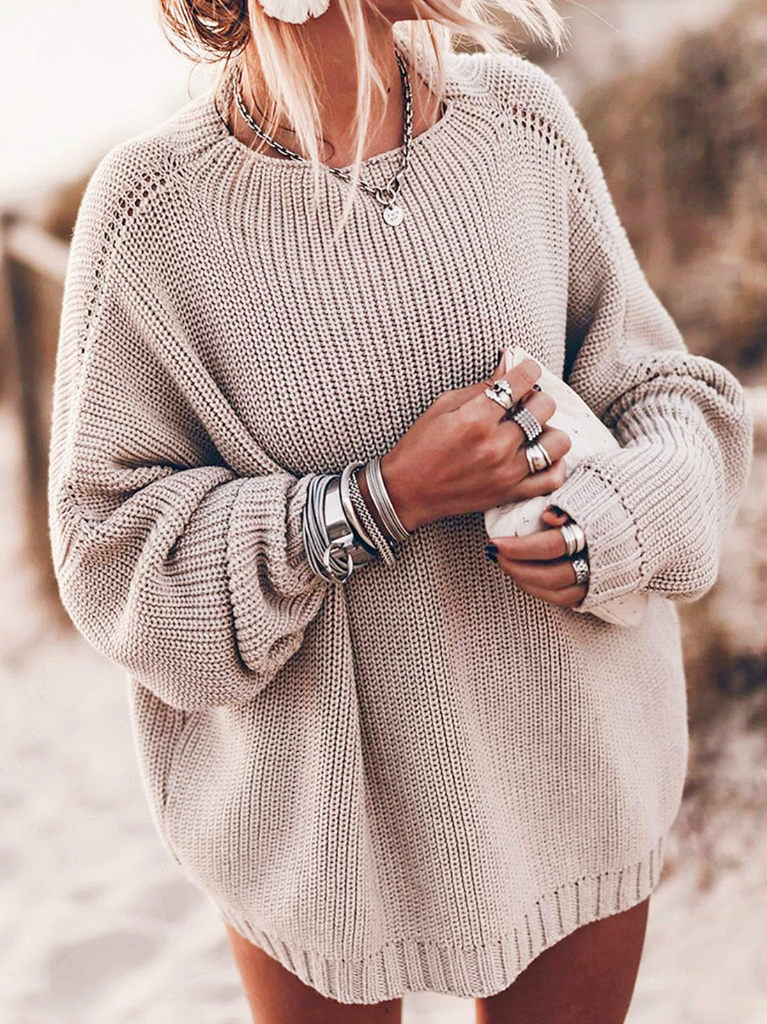Dames Trui – Oversized Pasvorm – Grofgebreid – Wolmix – Lange Mouwen – Splitdetails