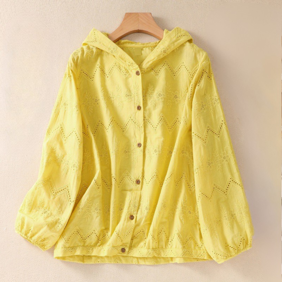 Dam Hoodie – Linne – Avslappnad Passform – Broderi – Knäppning Avslappnad Stil