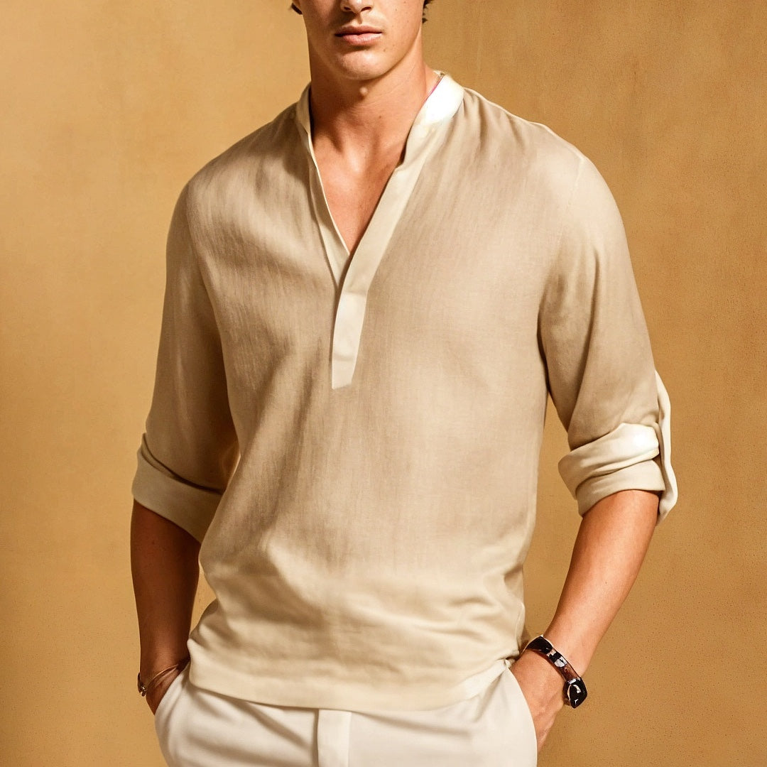 Herrskjorta – Naturliga Tyger – Avslappnad Passform – Upprullade Ärmar – Smal Krage