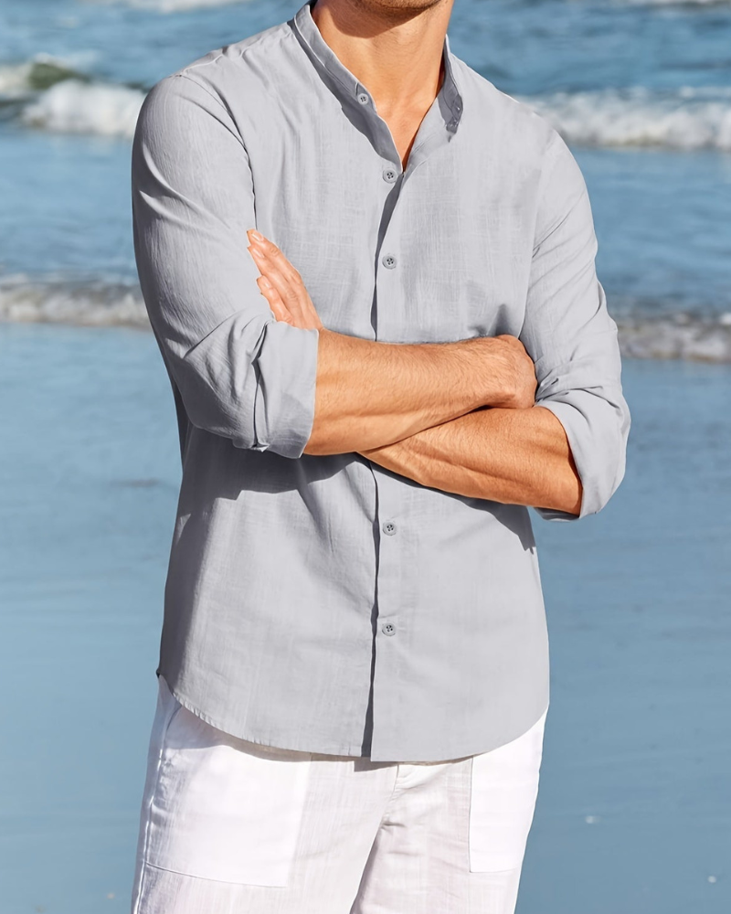 Herrskjorta – Avslappnad Passform – Naturliga Tyger – Mandarinkrage – Lång Ärm