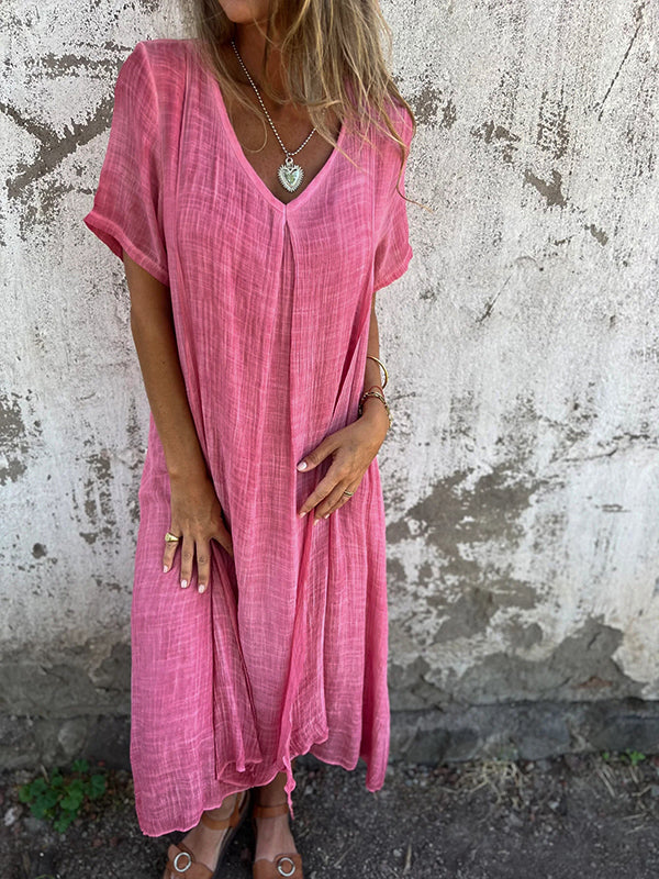 Dames Jurk – Relaxed Fit – V-hals – Korte Mouw – Ademend – Flowy Model