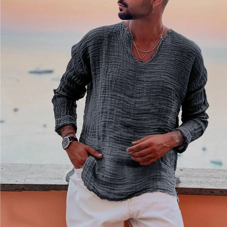 Heren V-hals shirt – Relaxed Fit – Lange Mouwen – Kreukeltextuur – Ademend materiaal