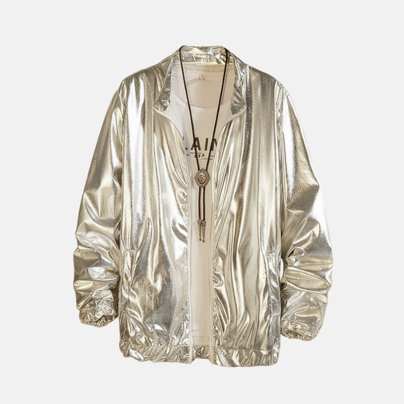 Herr Jacka – Glansig Finish – Ledig Passform – Kragefri – Dragkedja – Streetwear