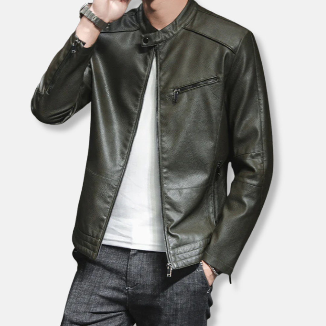 Herr Bikerjacka – Slim Fit – Glänsande Läderlook – Fickor med Dragkedja – Casual Stil