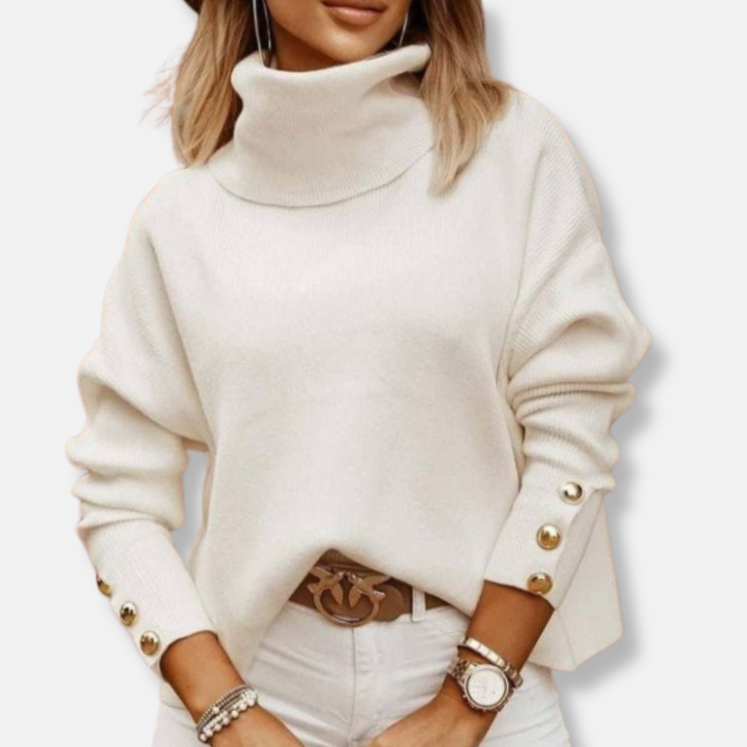 Damer Polokrage Tröja – Ledig Passform – Fin Stickad Ull – Knappdetalj Ärm