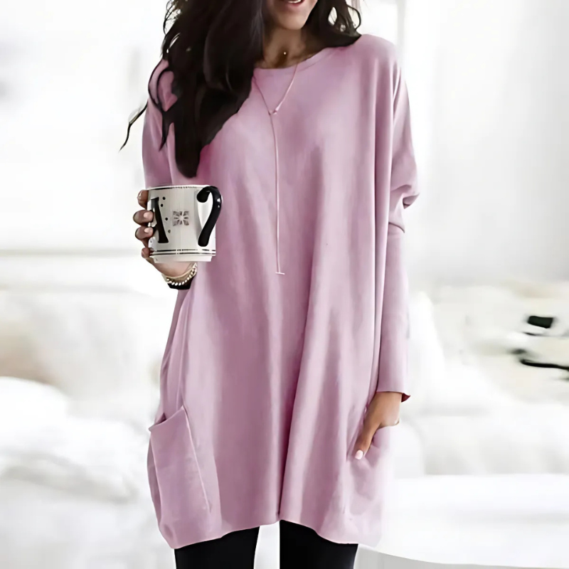 Dames Tuniek - Lichtgewicht Gebreid - Oversized - Lange Mouwen - Ronde Hals - Patchzakken