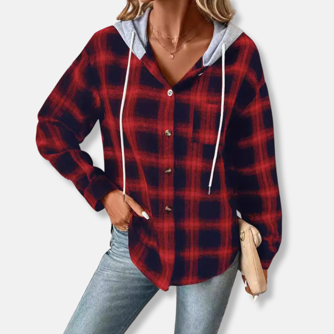 Dam Shacket - Bomullsmix - Relaxed Passform - Rutig Mönster - Huva