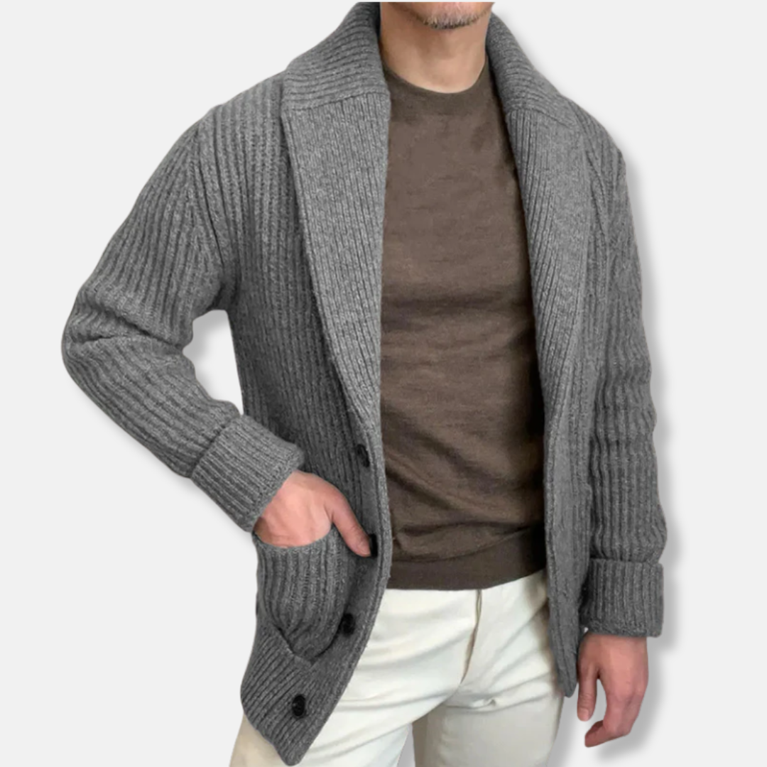 Heren Cardigan - Wolmix - Sjaalkraag - Heuplengte - Geribde Manchetten