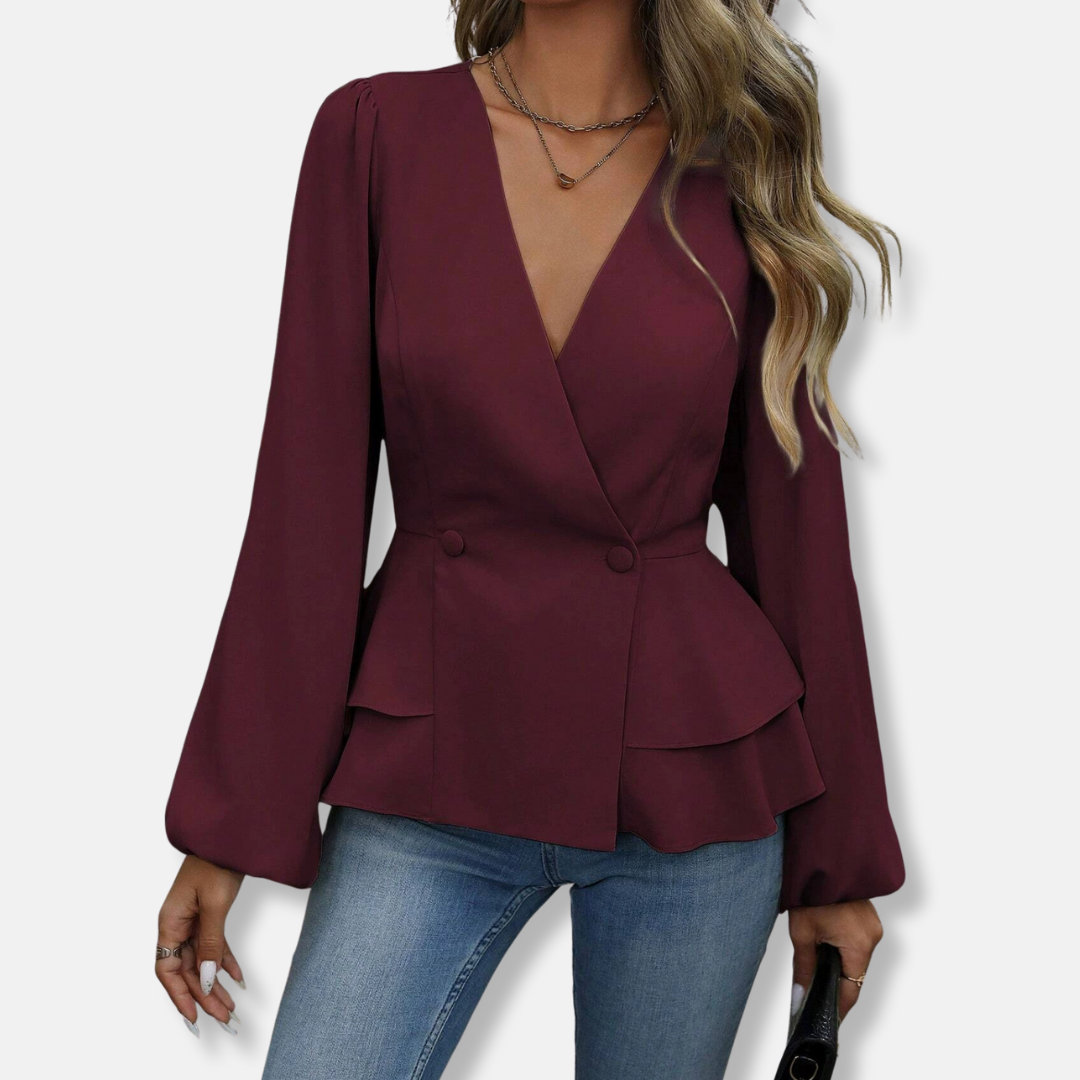 Dames Blouse - Geweven Stof - Slim Fit - V-hals - Lange Bisschopsmouwen