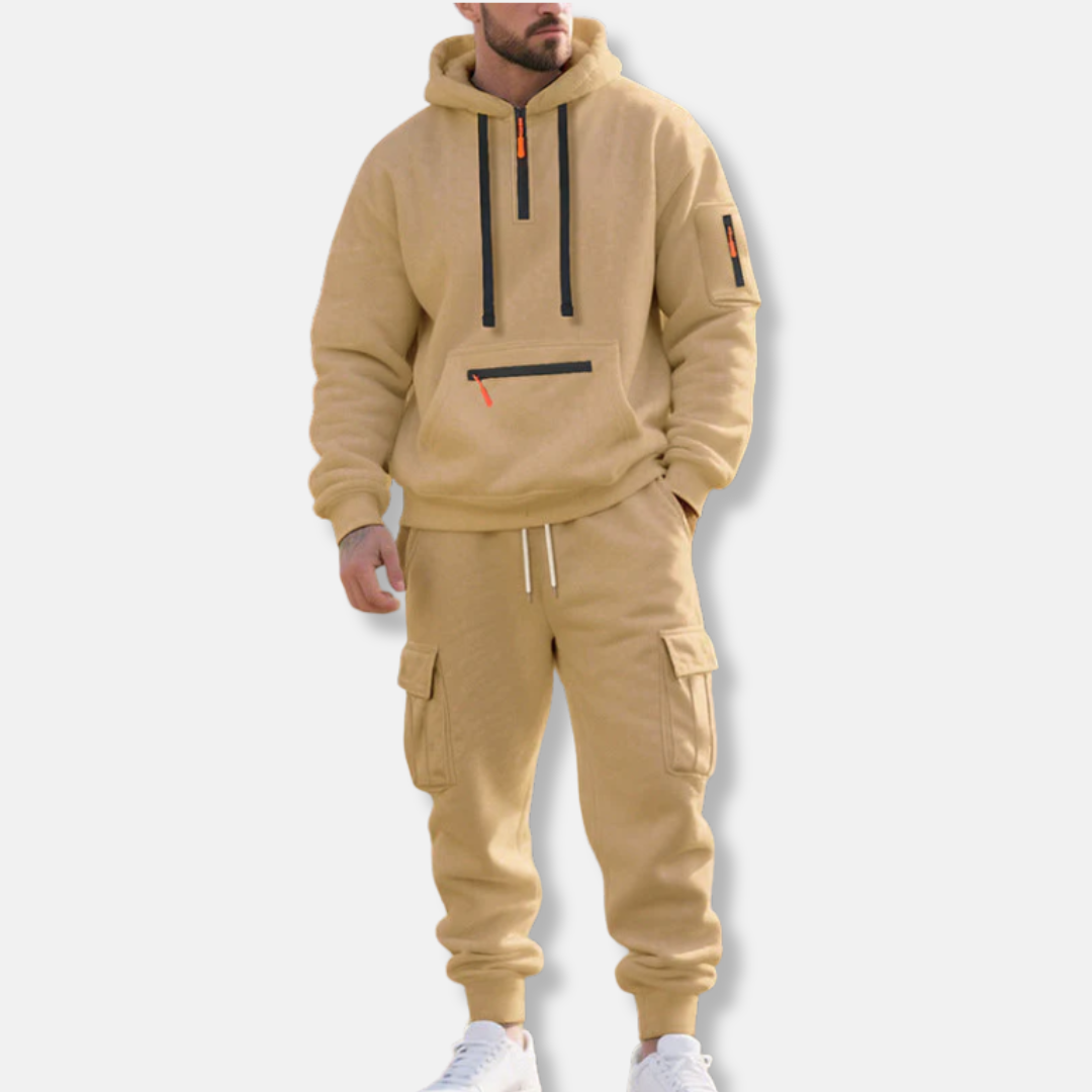 Heren Trainingspak – Relaxed Fit – Half-Zip Hoodie met Zak – Cargo Joggingbroek met Trekkoord