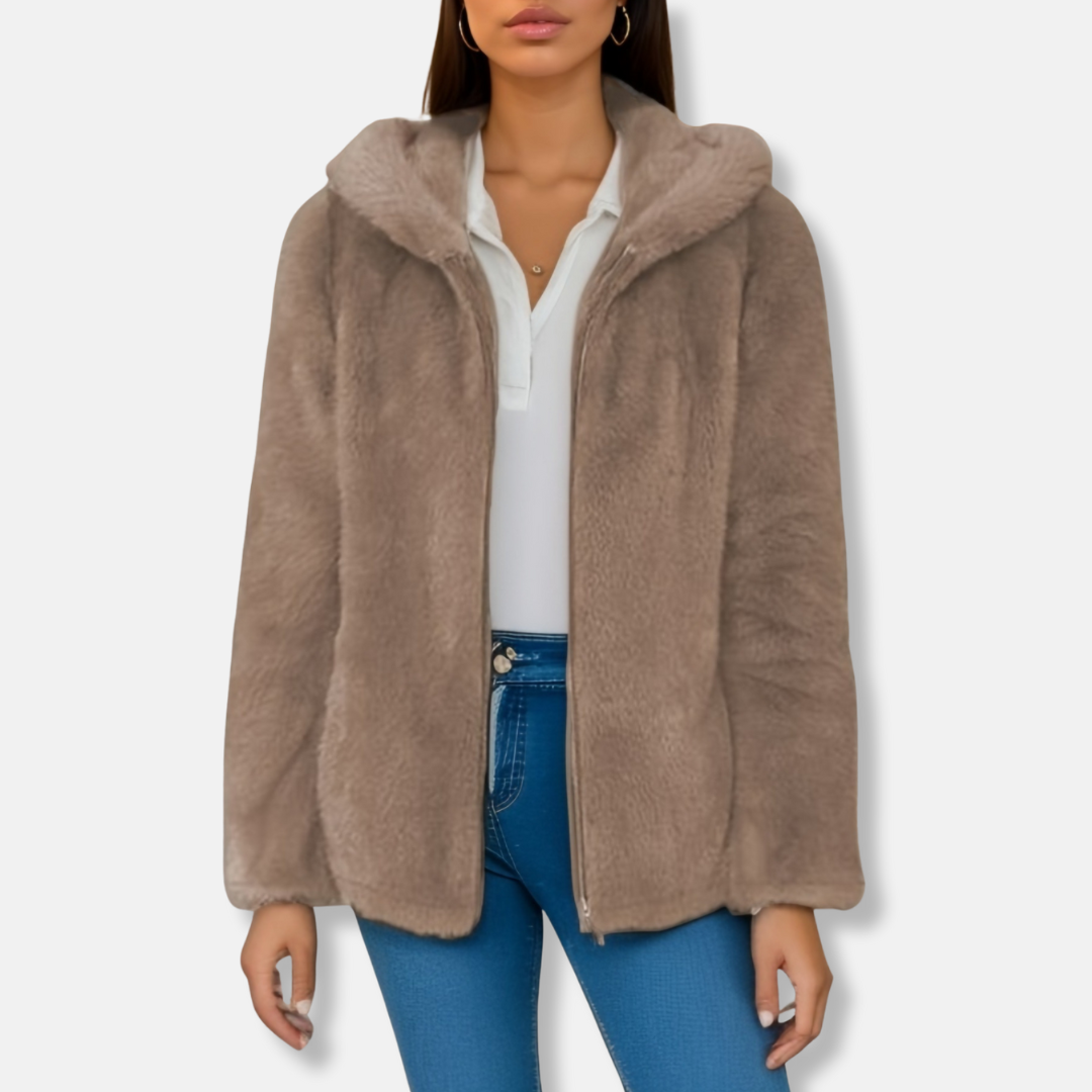 Dam Jacka med Dragkedja – Fuskpäls – Sherpa Foder – Huva – Avslappnad Passform