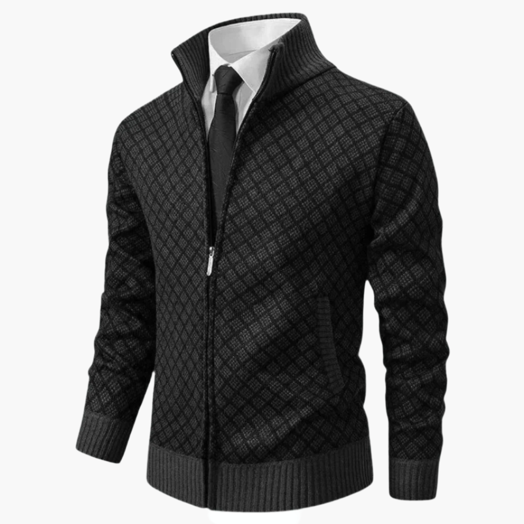 Heren Vest Met Rits – Slim Fit – Gebreid – Ruitpatroon – Opstaande Kraag