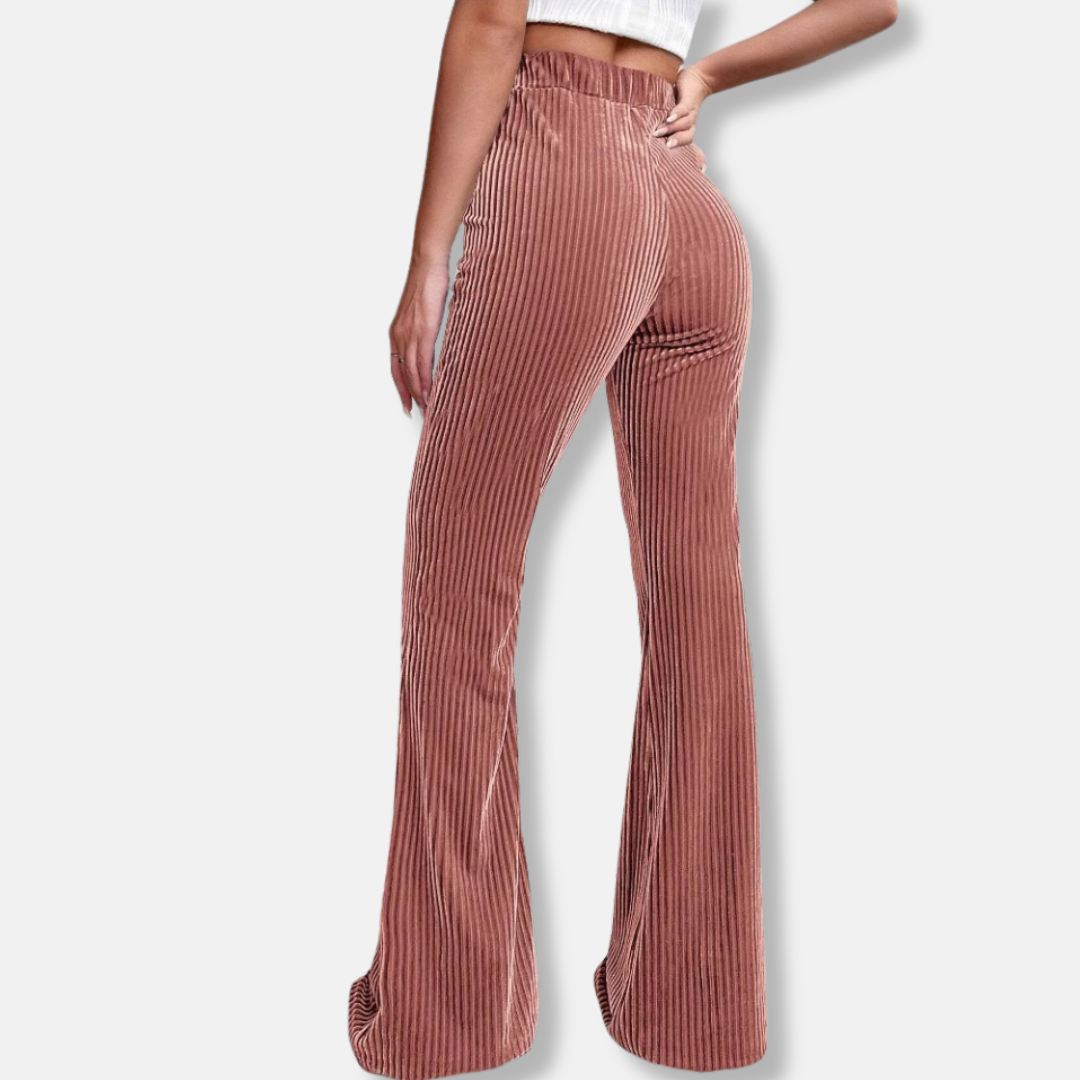 Dames Broek - Stretchstof - Hoge Taille - Wijde Flare - Verticale Ribstructuur