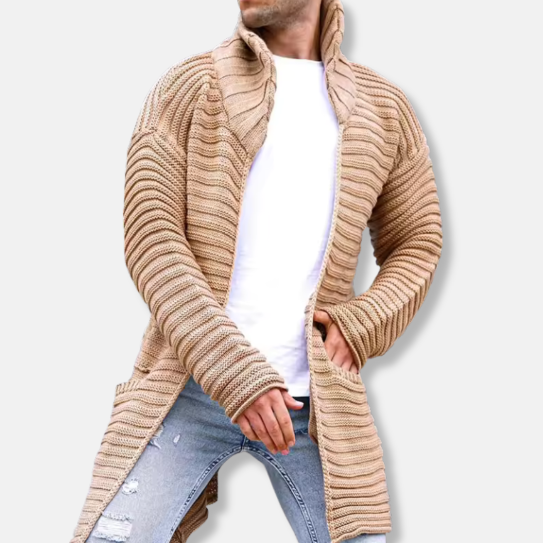 Heren Gebreid Vest – Wol – Ribbelstructuur – Turtleneck – Lange Pasvorm – Open Voorkant