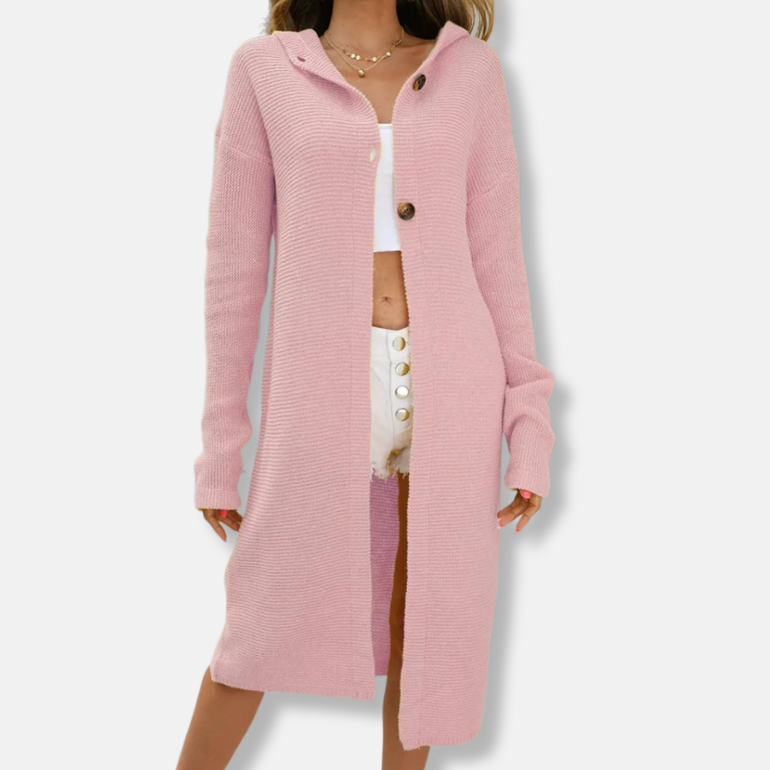 Dames Cardigan - Geribbelde Tricot - Kap - Midilengte - Relaxte Pasvorm
