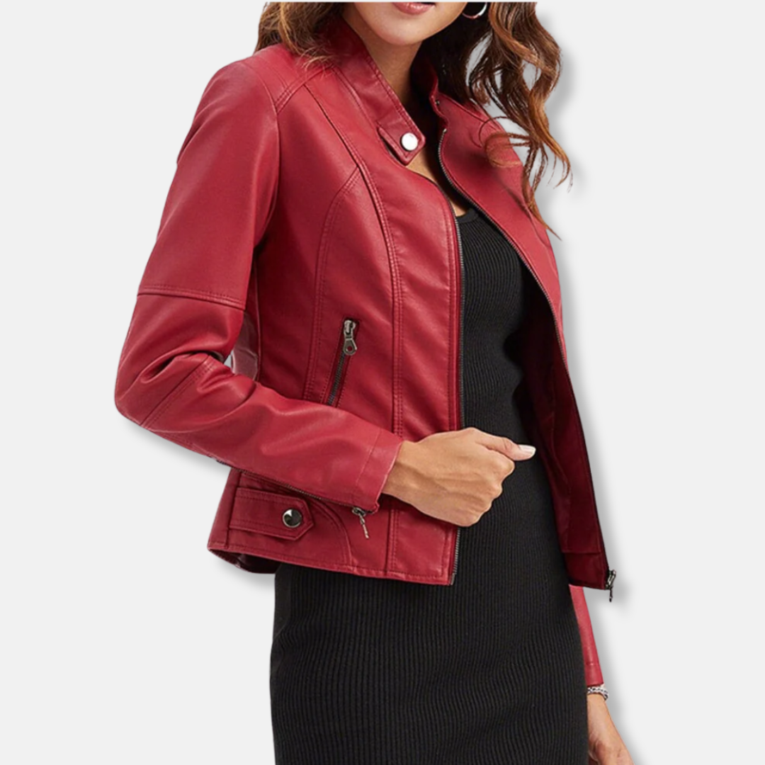 Dam Bikerjacka – Slim Fit – Konstläder – Uppstående Krage – Dragkedjefickor – Croppad Modell