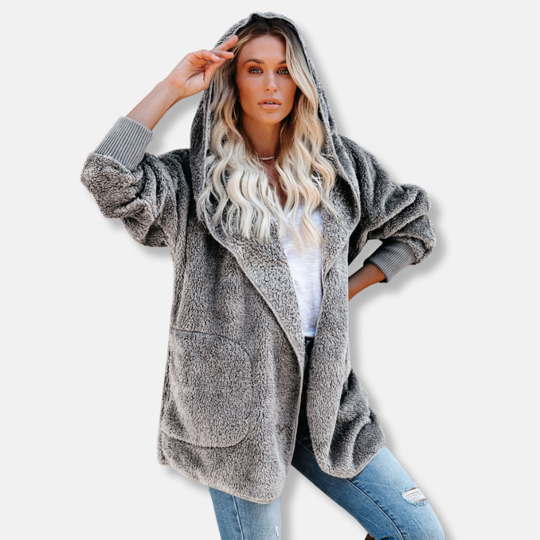 Dam Cardigan med huva – Sherpa fleece – Oversized passform – Öppen framsida med fickor