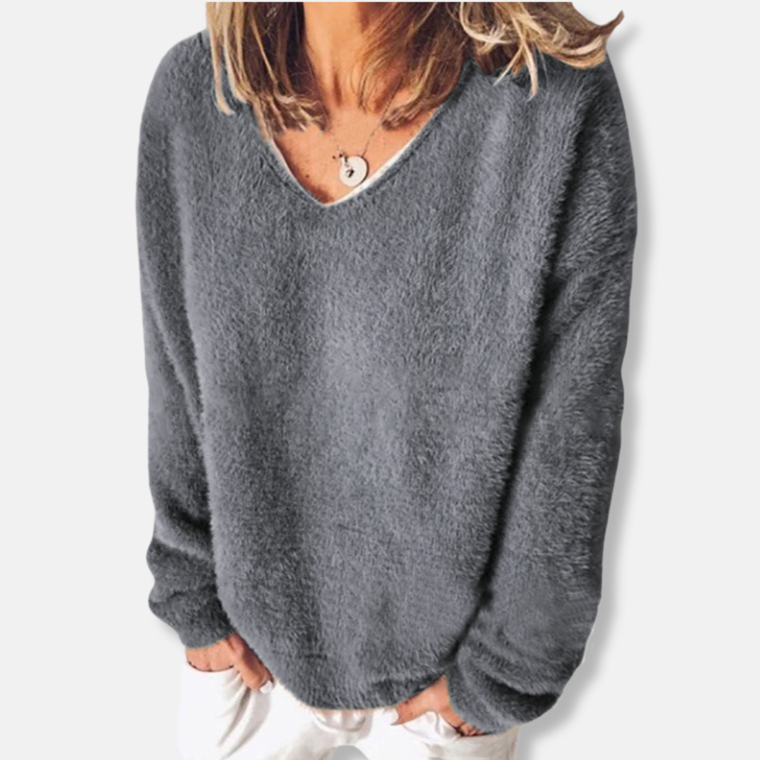 Dames Fuzzy Knit Trui - Zachte Gebreide Stof - V-Hals - Relaxte Pasvorm