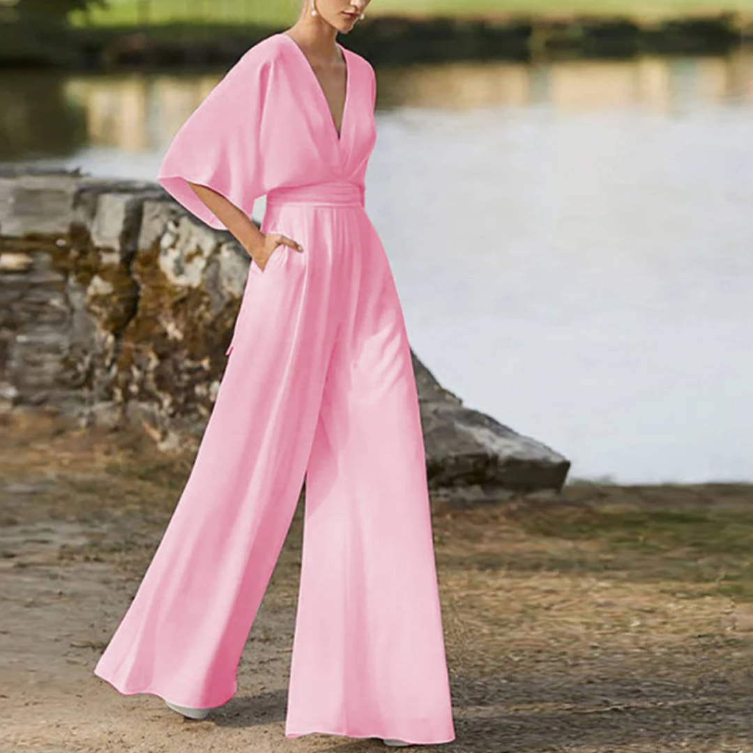 Dames jumpsuit – Relaxte pasvorm – Diepe V-hals – Wijde pijpen – Ademend materiaal