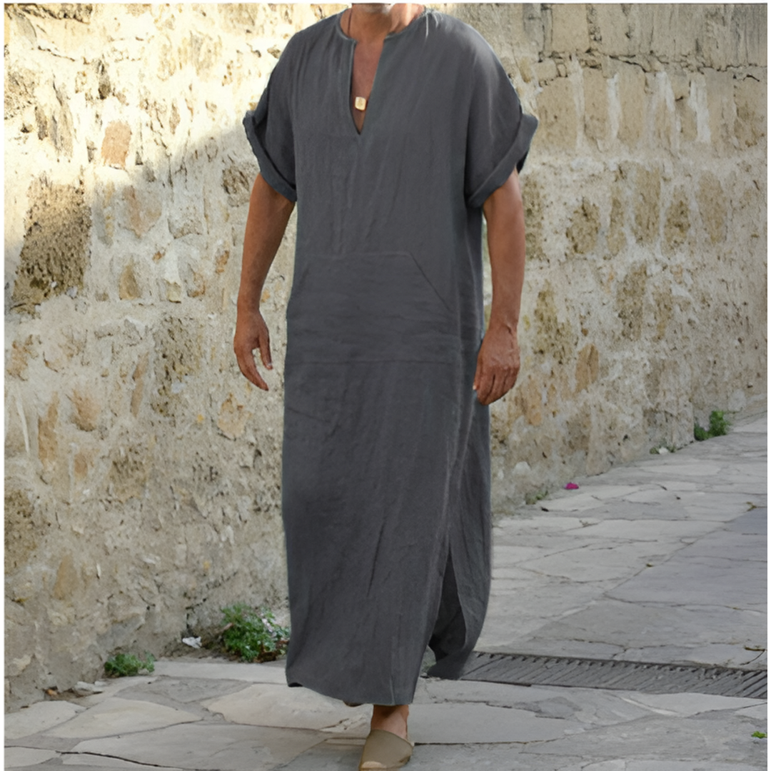 Heren Lange Overhemdjurk – Relaxed Fit – Ademend Materiaal – V-Hals – Korte Mouw – Splitzoom