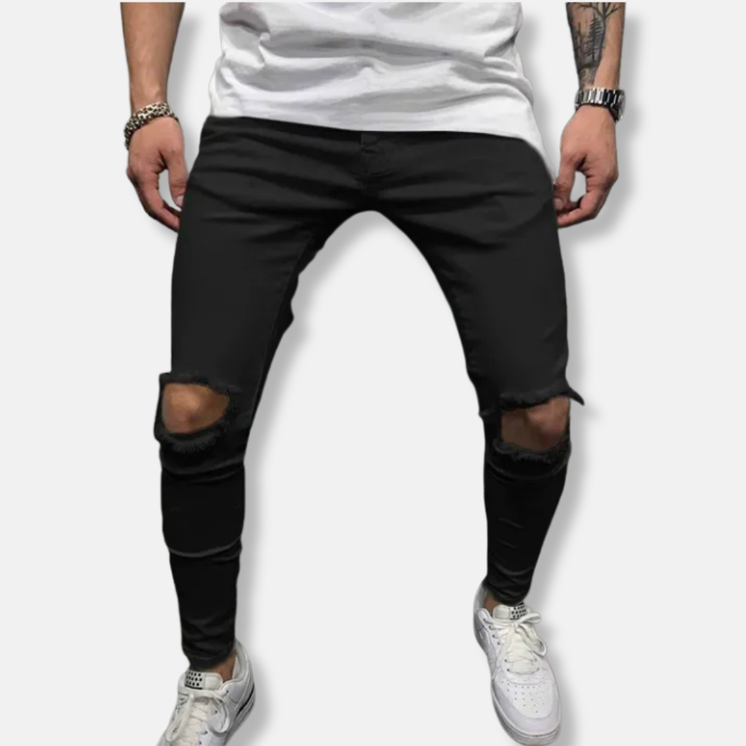 Herrbyxor - Stretch Bomull - Skinny Fit - Fransade Knän - Full Längd