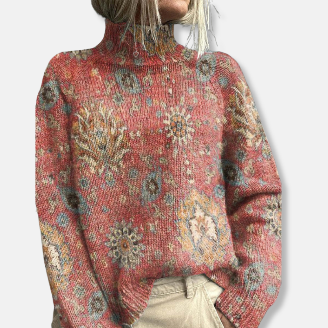 Dames Pullover - Zachte Tricot - Relaxed Fit - Hoog Col - Versierd Abstract Motief