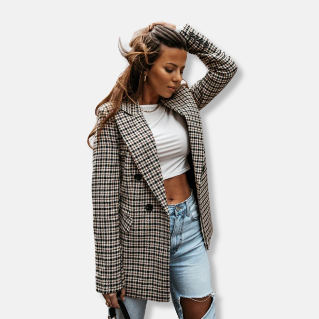 Dames Blazer – Getailleerde Pasvorm – Wolmix – Dubbelrij KNopen – Houndstooth Motief