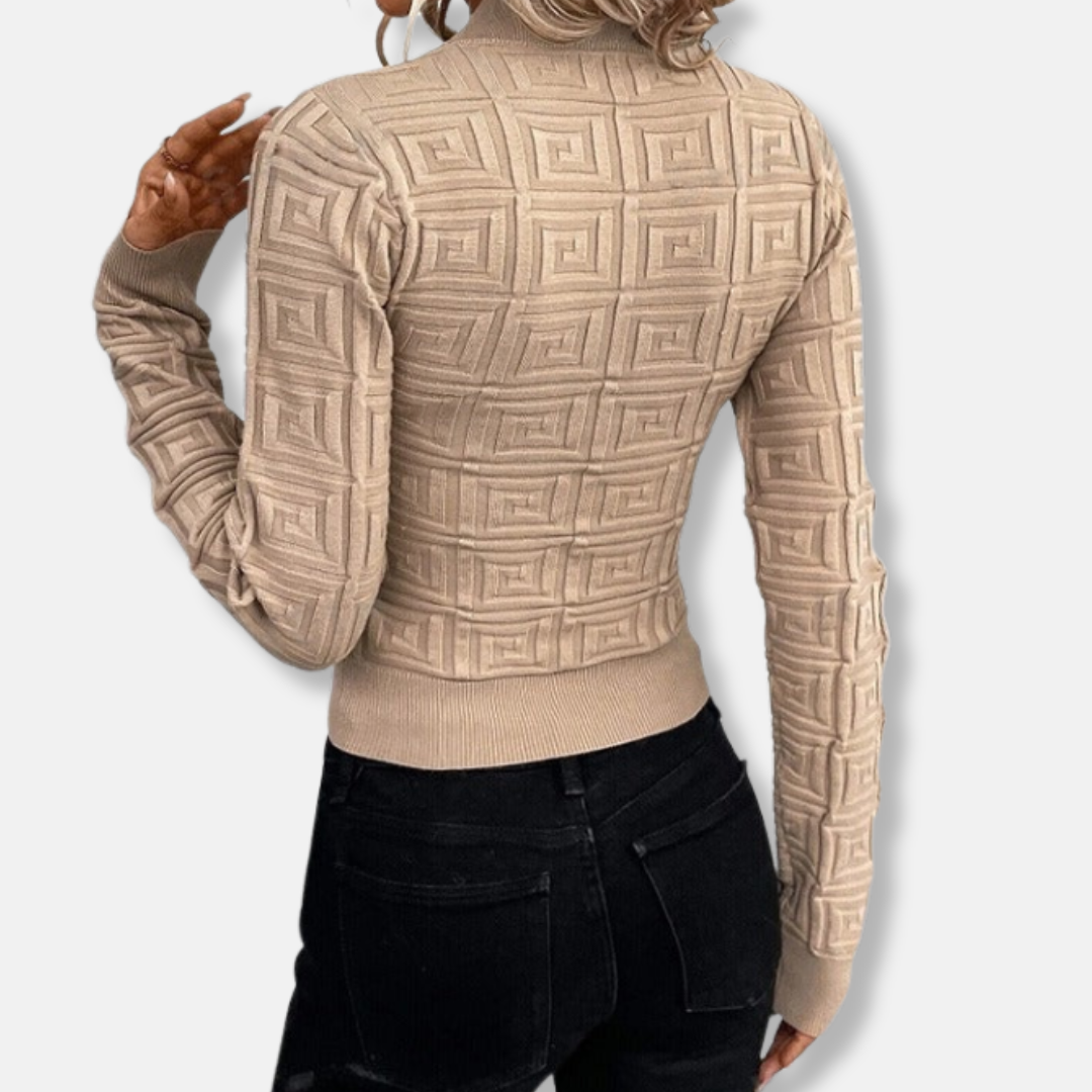 Damer Stickad Topp - Stickat Tyg - Figursydd - Polokrage - Långa Ärmar