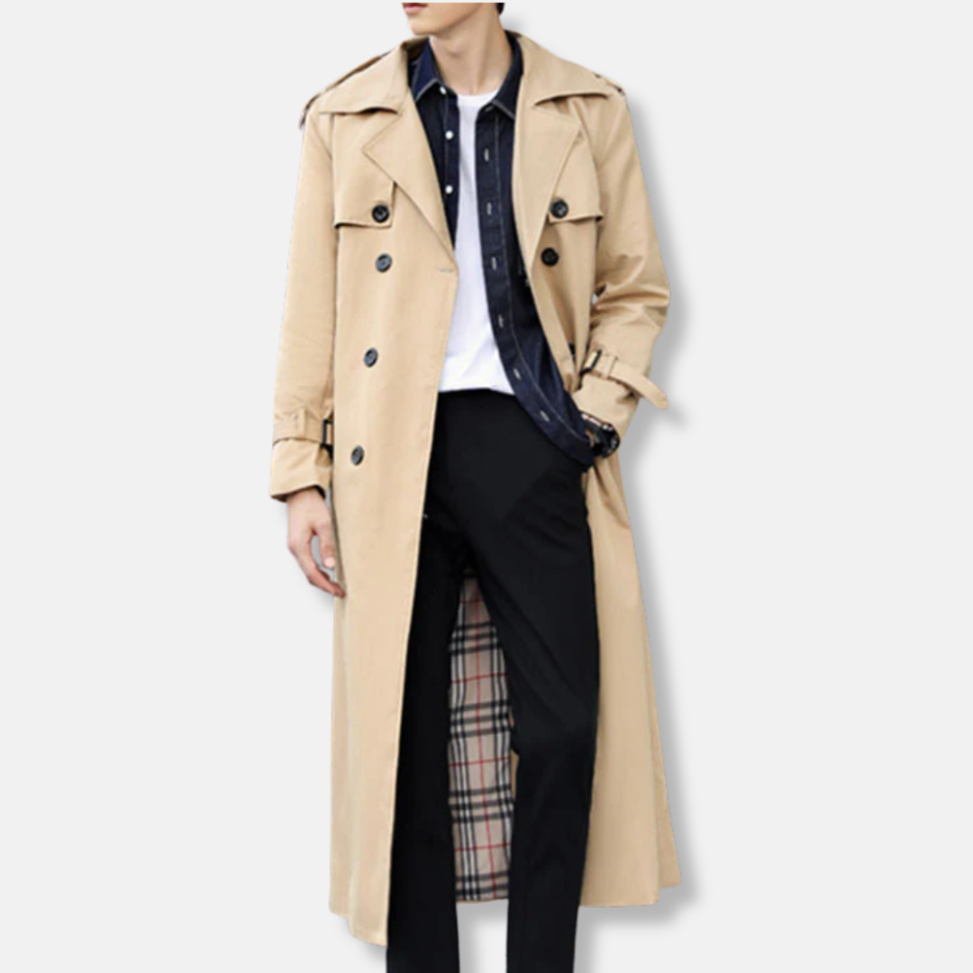 Heren trenchcoat – Tailored fit – Dubbelrijig – Katoen – Volledige lengte – Gevoerd