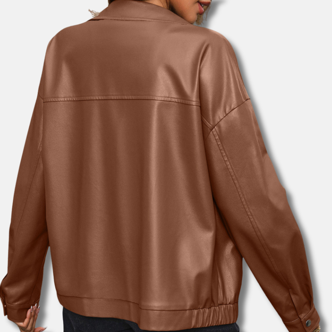 Dam bikerjacka – Avslappnad passform – Konstläder – Kort modell – Dragkedja – Tryckknappsmanschetter