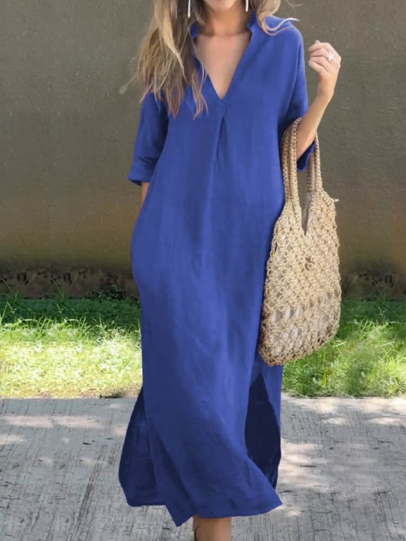 Dames Maxi Jurk – Relaxed Fit – V-Hals – Ademende Stof – Driekwart Mouw – Zijslitsen