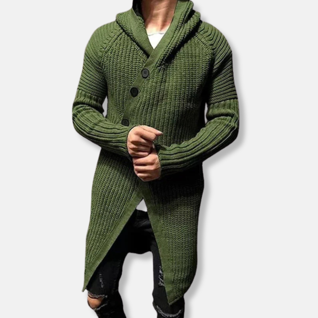 Heren Cardigan - Chunky Gebreid - Lang - Sjaalkraag - Capuchon - Asymmetrische Knopen