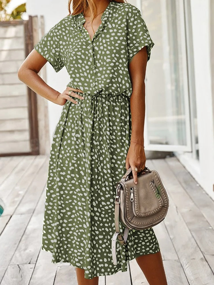 Dames Midi Jurk – Relaxed Fit – A-lijn – Knoopsluiting – Ademend – Korte Mouw
