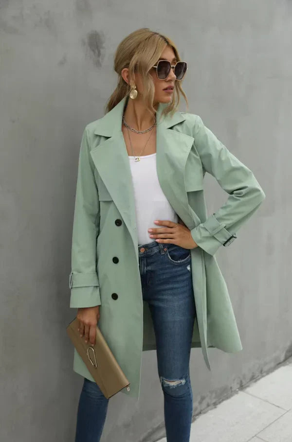 Dames trenchcoat – Getailleerde pasvorm – Dubbelrijig – Katoenmix – Midilengte