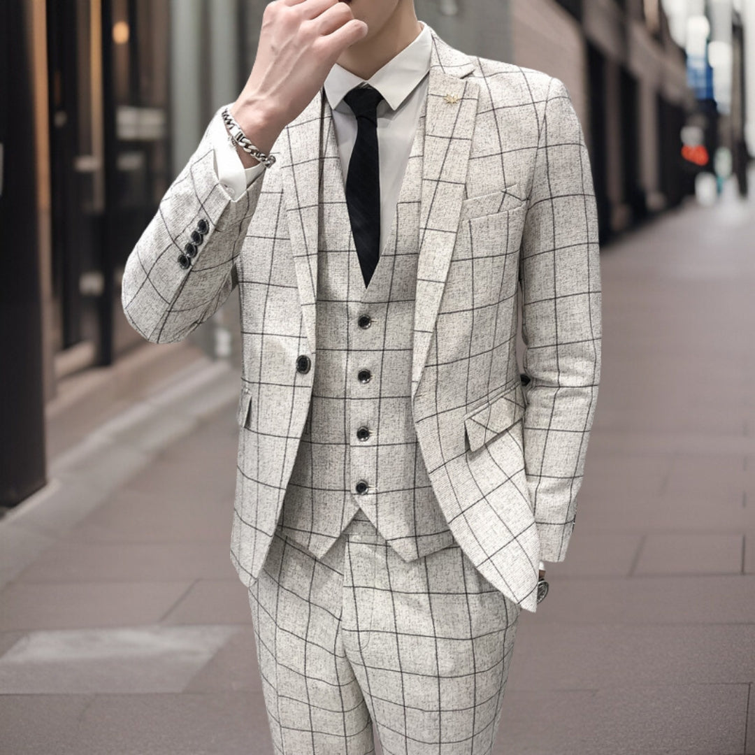 Heren 3-delig Pak – Slim Fit – Ruitpatroon – Luxe Stof – Formele Gelegenheden