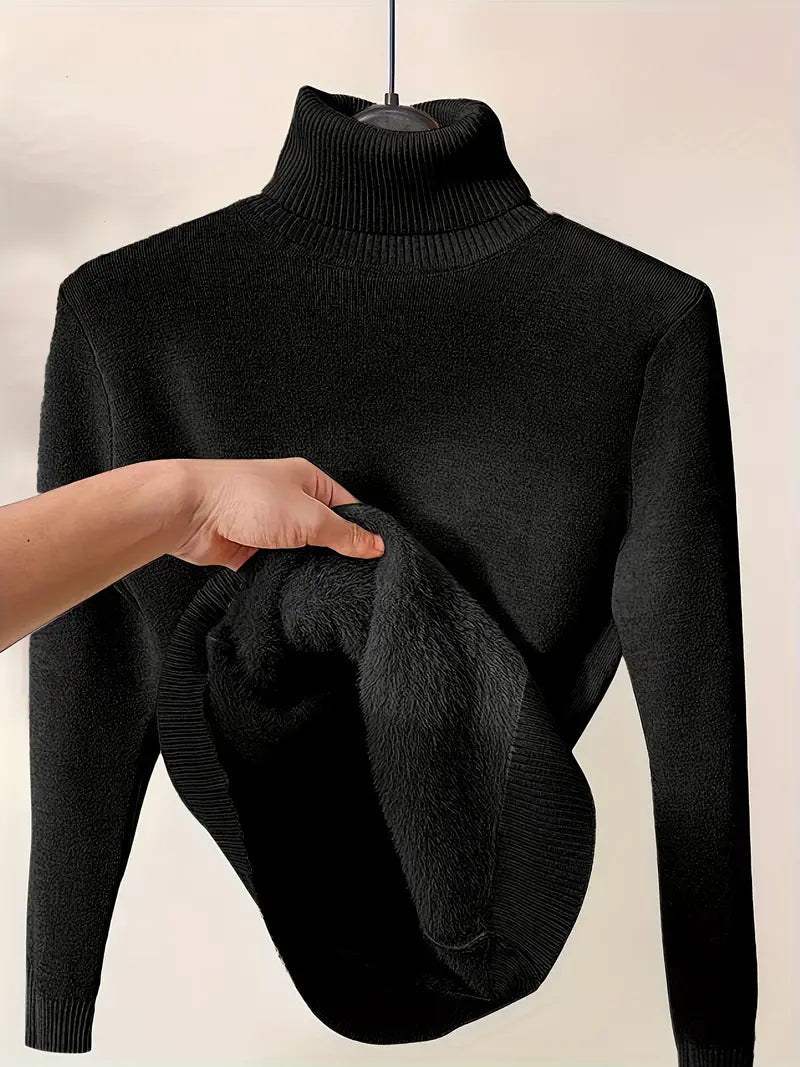 Dames Turtleneck Trui – Fitted Wol Knit – Zachte Fleece Voering – Ribboorden