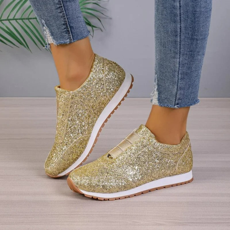Dames Sneakers - Glitterstof - Slip-On - Elastische Band