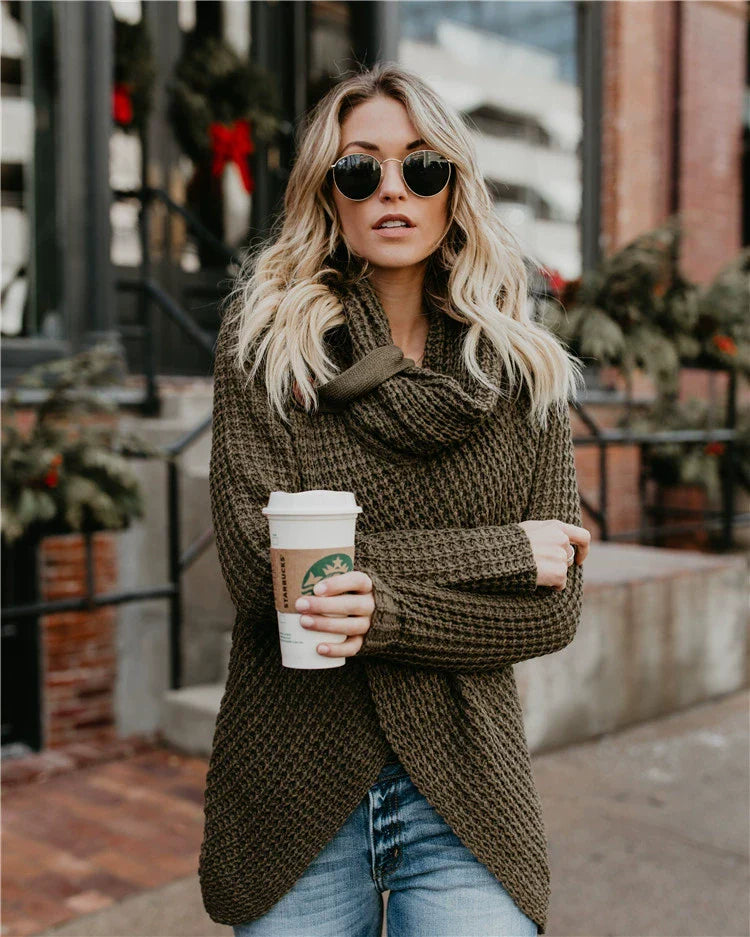 Damer Pullover Tröja – Avslappnad Passform – Hög Krage – Ullstickning – Knapp Detalj